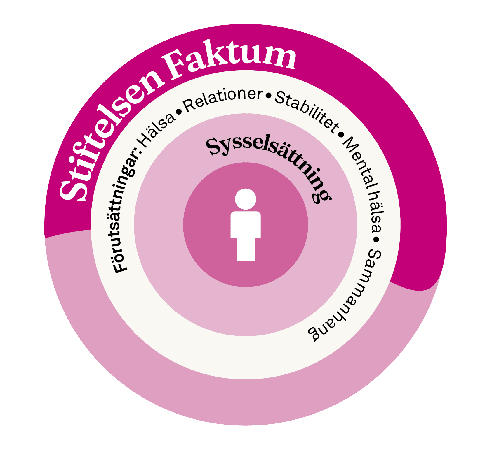 Sysselsättning i mitten, omgiven av förutsättningar: hälsa, relationer, stabilitet, mental hälsa, sammanhang. Stiftelsen Faktum stärker det runt omkring.